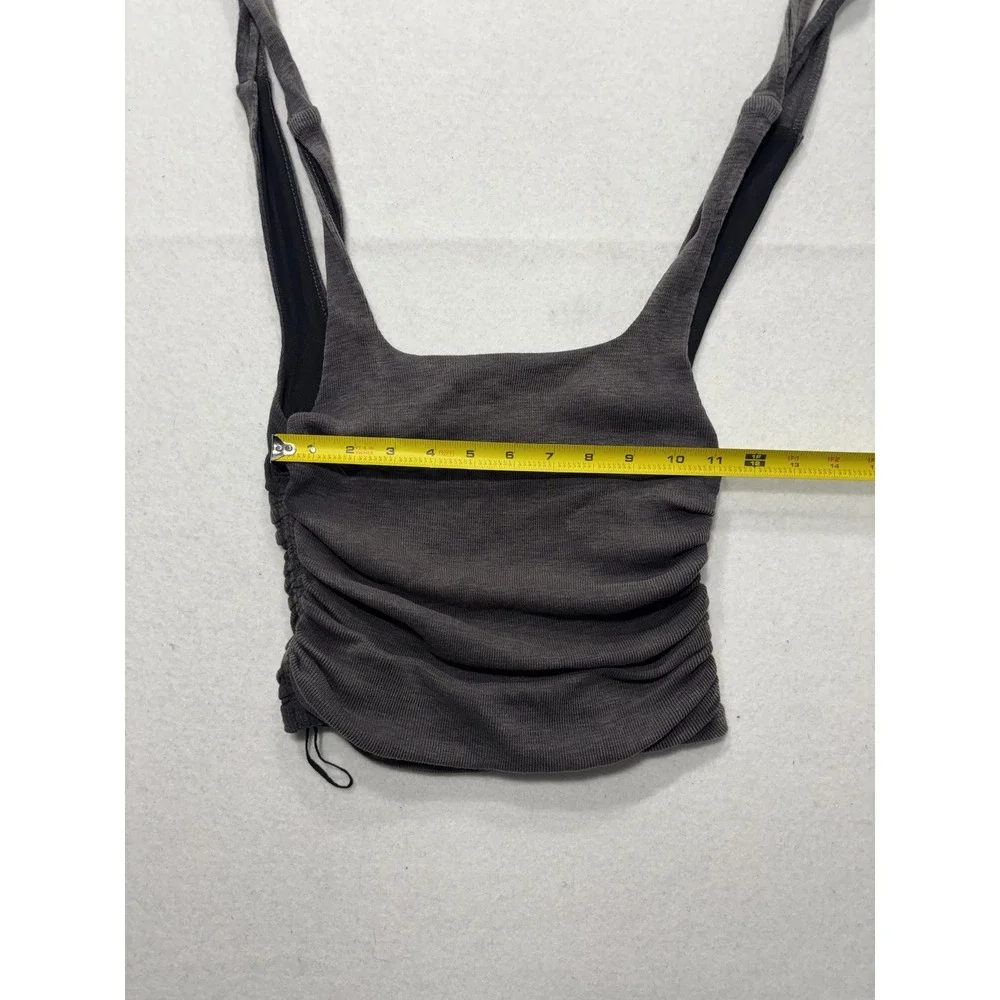 Free People Tank Top Womens XS Gray Ruched Tie Strap Cropped Knit Summer Casual